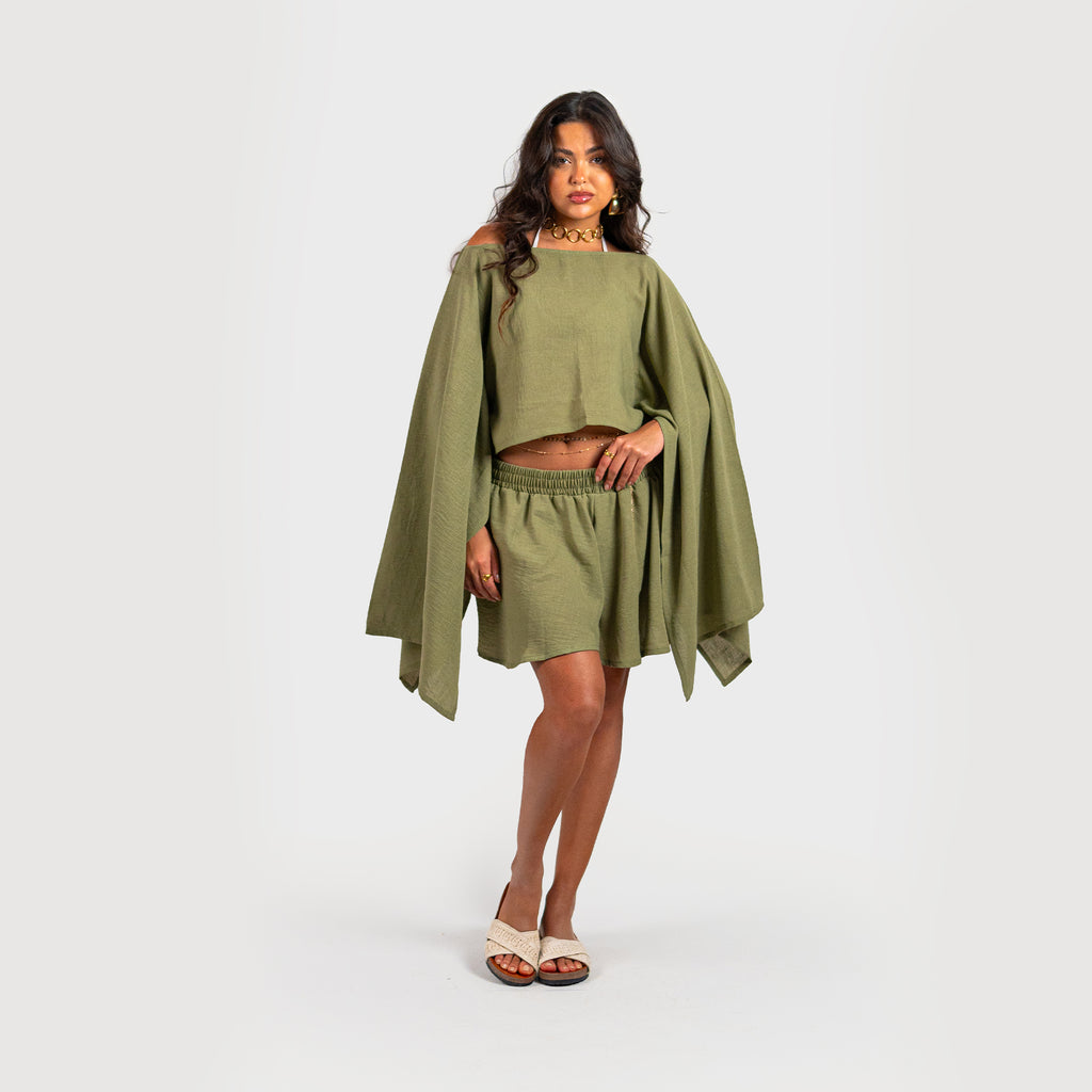 Olive Eclipse Flowy Off-Shoulder Blouse